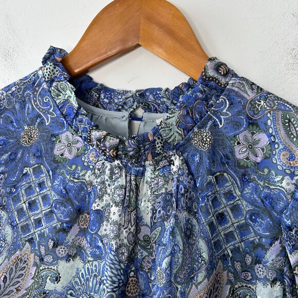 MARIE OLIVER Irena Mini Dress Size Large Silk Metallic Ruffle Smocked Boho Chic - Picture 6 of 15